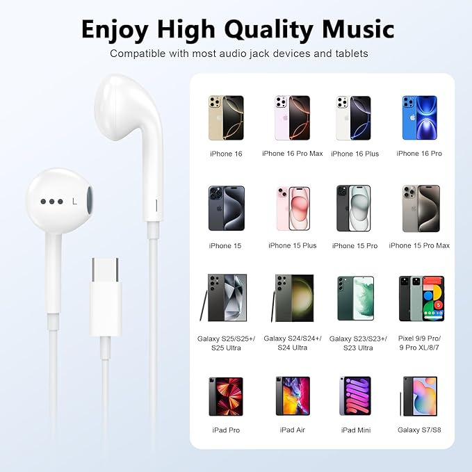 10FT Wired USB C Headphones for iPhone 16 15
