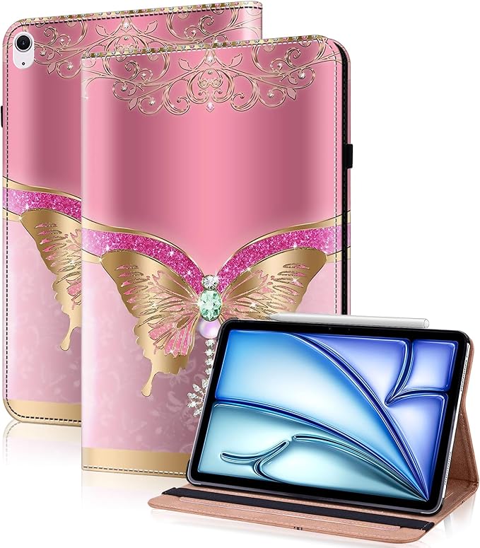 Compatible with iPad Air 11 Inch Case 8th/7th/6th Generation (M4/M3/M2) 2026/2025/2024, for iPad Air 5th/4th Generation Case 10.9 Inch 2022/2020 with Pencil Holder & Stand - Pink Butterfly