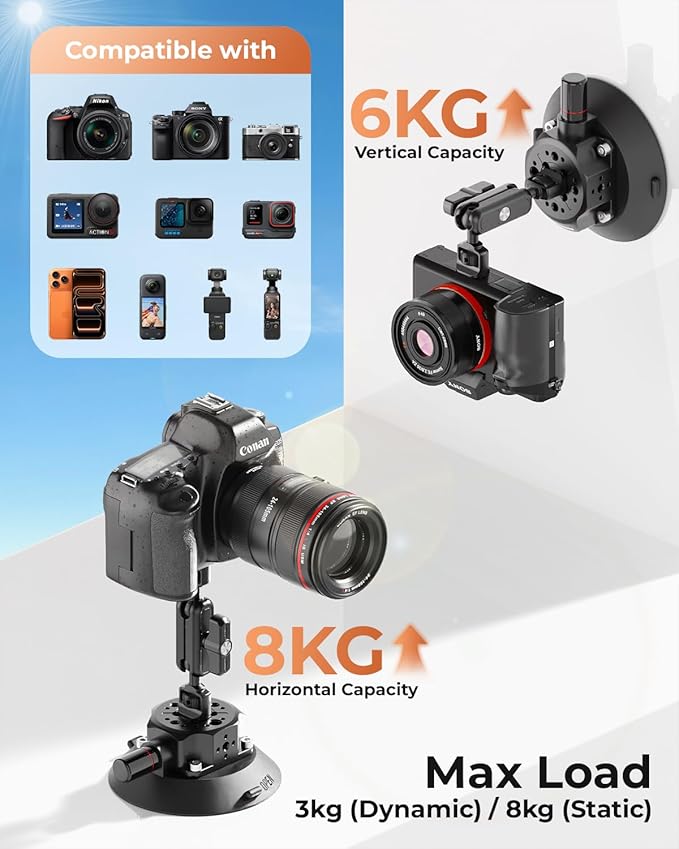 CAMBOFOTO 4.6" Camera Suction Cup Mount with Ball Head Magic Arm, Car Mount with Action Camera Adapter and Phone Holder, Compatible with DSLR Cameras Sony, Canon, Nikon/Phone/DJI/Insta 360