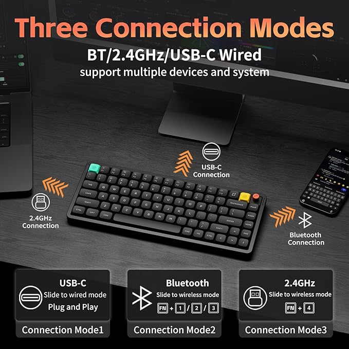 nuphy Air75 V3 Hot Swappable Wireless Mechanical Keyboard, 84 Keys 75% Custom Low Profile Keyboard with Knob, RGB Backlit, Gasket Mounted, Support Bluetooth/2.4GHz/USB-C,Black-Red Nano