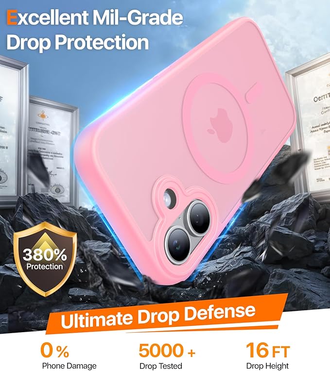 Magnetic for iPhone 17 Case,[Anti-Slip][Compatible with MagSafe][Military Grade Drop Protection] Shockproof Protective Translucent Matte Phone Case for iPhone 17 Case,Pink