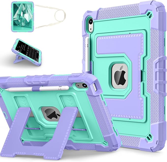 Kids Friendly Case for iPad A16 11th Generation 11 Inch 2025 / iPad 10th Generation 10.9" 2022 Case with Pencil Holder & Shoulder Strap, Hybrid iPad 11 10 Cover Rugged Shockproof Kickstand,Purple+Mint