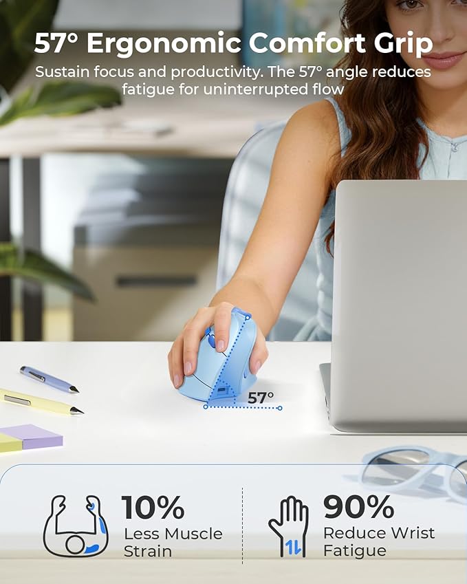 seenda Ergonomic Mouse Wireless, MOU-302 Bluetooth Vertical Mouse Rechargeable, Volume Knob, Silent Mice & 1000/1600/2400 DPI, 3 Multi-Device Connection for Windows/PC/Laptop/Mac/MacBook, Blue