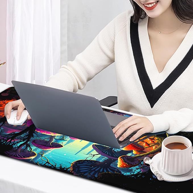 Large Mouse Pad, 31.5 x 11.8in Extended Gaming Mouse Pad with Stitched Edges, XXL Mousepad Protector Non Slip Rubber Base for Office & Home Writing Mat, Colorful Mushroom Forest Pattern Black Desk Mat