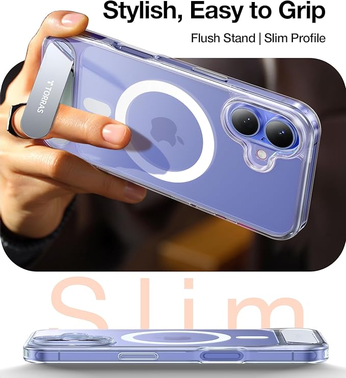 TORRAS for iPhone 16 Plus Case Diamond Clear | Strong Magnetic & Seamless Stand, Fit for MagSafe, Military-Grade Drop Protection, Sturdy Adjustable Built-in Kickstand, Slim Anti-Yellowing