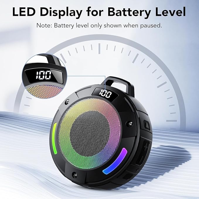 Bluetooth Speaker, 2026 Portable Wireless Shower Speaker, Digital Display Portable Speaker with Detachable hook ,IPX7 Waterproof with LED Light, HD Sound & Bass for Bathroom, Pool, Beach & Outdoor