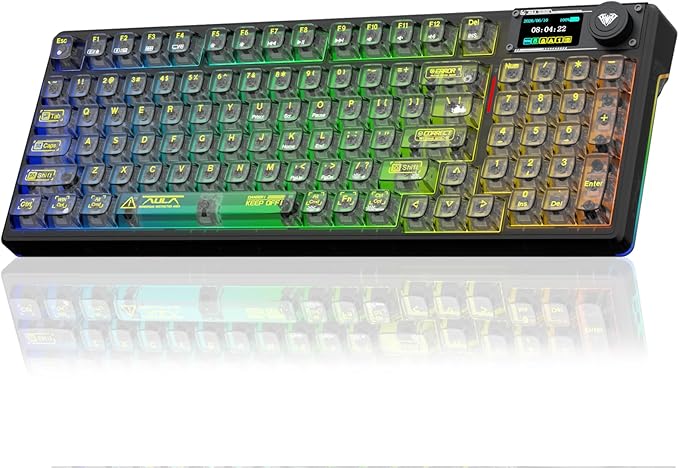 AULA F98 Pro V3 Wireless Mechanical Keyboard with Transparent Keycaps,Hot-swappable,Pre-lubed Linear Switches,Gasket Structure,RGB Backlit,TFT Screen,BT5.0/2.4G/USB-C Wired Computer Keyboard