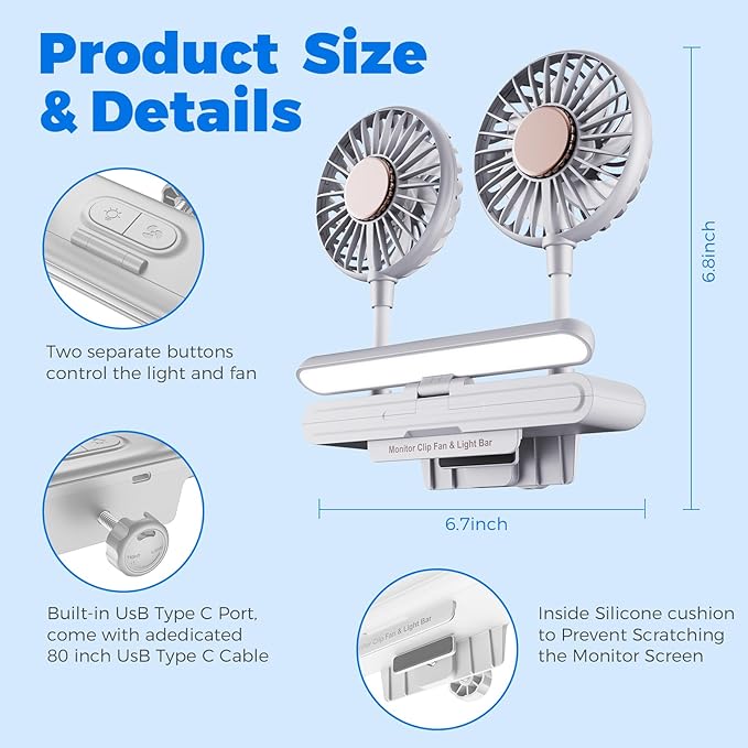 Reading Stand Lamp Space-Saving Clip Fan Light, USB-Powered Cooling 3D Fan with LED Light Bar, Personal Climate Management for Monitor/Laptop/Flat/Bedside/Bookshelf/Music Stand (Glacier Silver)