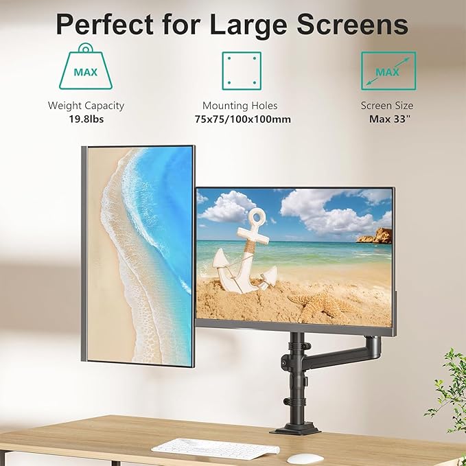 WALI Dual Monitor Mount, 13-33 Inch Adjustable Dual Monitor Arm for Desk Holds Max 19.8 lbs Screens, Swivel Vesa Bracket with C Clamp, Grommet Mounting, Monitor Arms for 2 Monitors (GSDM002)