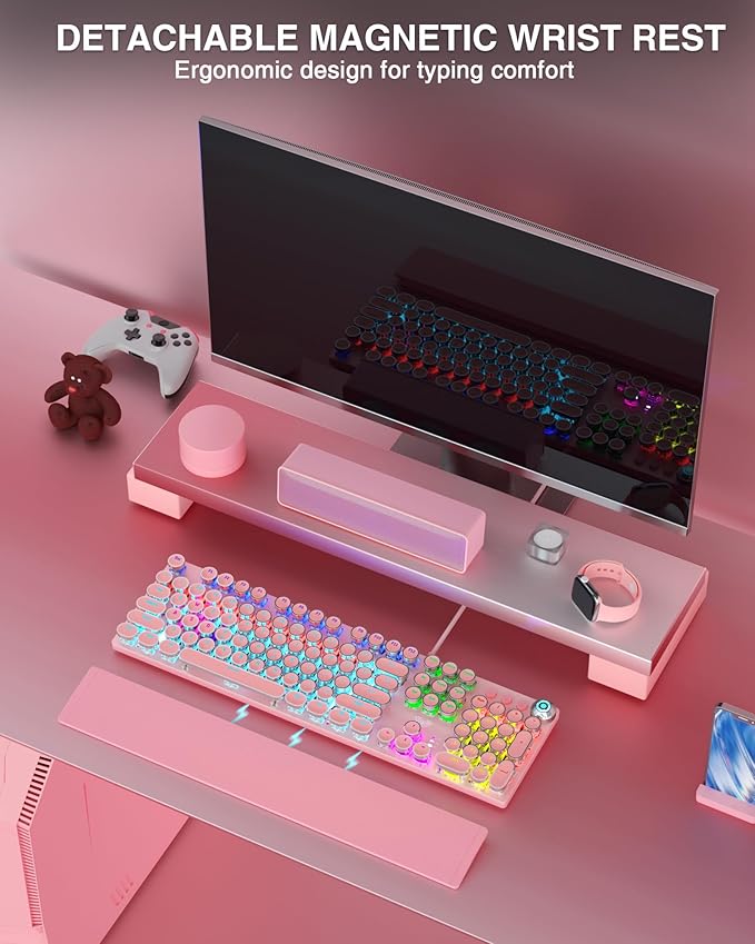 AULA F2088 Typewriter Mechanical Keyboard, Pink Retro Wired Gaming Keyboard with Blue Switches, Rainbow Backlit, Round Keycaps, Media Knob & Removable Wrist Rest