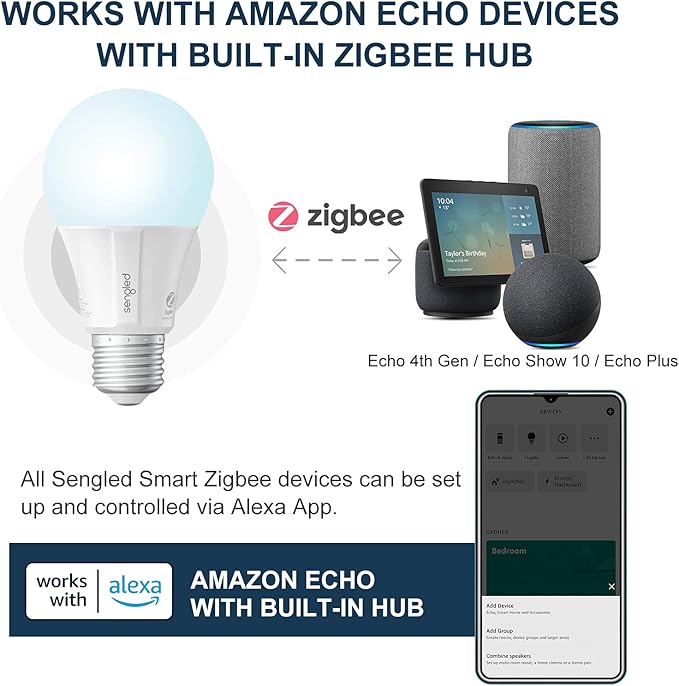 Sengled Zigbee Smart Light Bulbs, Smart Hub Required, Works with SmartThings and Echo with Built-in Hub, Voice Control with Alexa and Google Home, Daylight 60W Equivalent A19 Alexa Light Bulb, 2 Pack