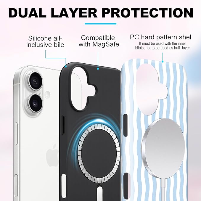 Magnetic for iPhone 17 Case Cute Wavy Stripes Phone Case, Shockproof Slim TPU and Hard PC Protective Phone Cover Compatible with MagSafe Designed for Women Girls, Blue