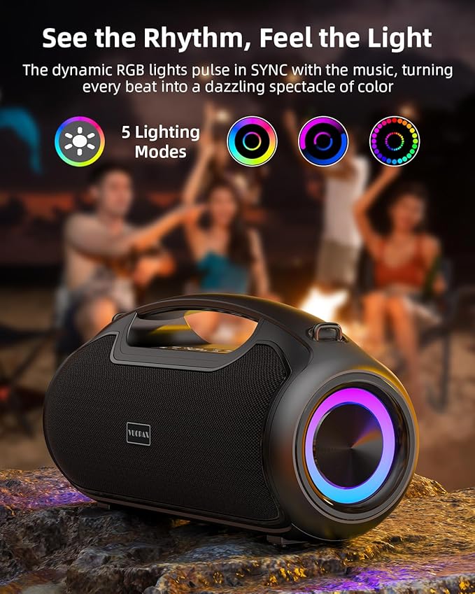 Portable Bluetooth Speakers Wireless, 200W MAX Loud Outdoor Speaker with Deep Bass, IP65 Waterproof, BT5.4, USB-C, RGB Lights, for Party, Camping, Beach, Large Workshop, Garage, 24H Playtime