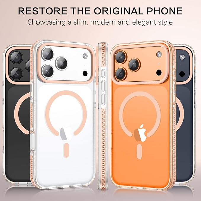BENTOBEN Magnetic for iPhone 17 Pro Case 6.3", Compatible with Magsafe Military Shockproof Protective Bumper Cute Transparent Slim Anti-Yellowing Phone Case for iPhone 17 Pro Cover,Clear Light Orange