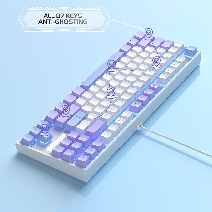 MageGee 75% Mechanical Gaming Keyboard, Red Switch, LED Blue Backlit, 87 Keys Compact TKL Wired Computer Keyboard for Windows Laptop PC Gamer - White/Purple