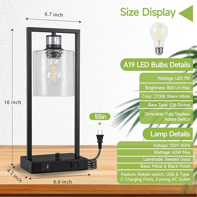 16" Desk Lamps for Home Office, Bedside Lamps with USB C+A Ports and Outlet, Black Fully Stepless Dimmable Industrial Table Lamps with Seeded Glass Shade for Reading Living Room, LED Bulbs Included