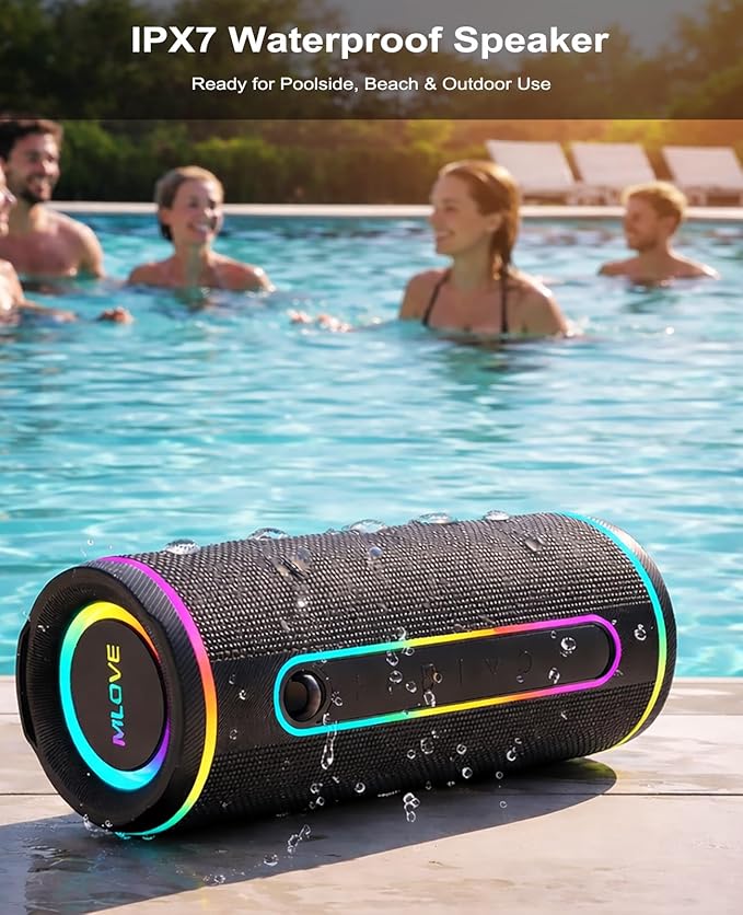 MLOVE E80 Speakers Bluetooth Wireless, Portable Bluetooth Speaker with Aux Input, Micro SD Card Slot, Bass Up, TWS, RGB Lights, IPX7 Waterproof, BT5.4 for Outdoor, Car Music, Beach, Gifts, 30W, Black