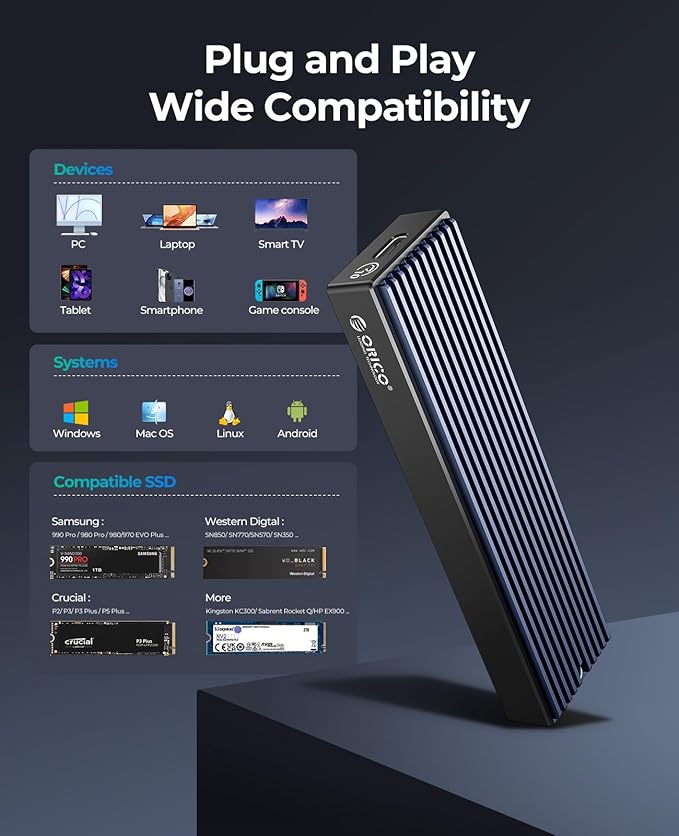 ORICO M.2 NVMe SATA SSD Enclosure, USB 3.1 Gen 2 (10 Gbps) to PCI-E 6Gbps NGFF M-Key / B+M Key SSD Case M.2 Reader Support UASP for Size 2230/2242/2260/2280 SSDs Diskless (M2PVM)