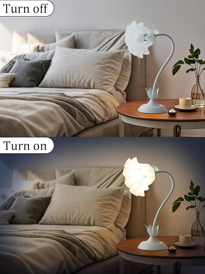 AQDZCNF Flower Table Lamp,LED Reading Light Bedside Vintage Flower Night Light,3 Colors Modes Kawaii Bedside Lamps Decor,Living Room Bedroom Room Lighting Table Lamps Home Decoration (White)
