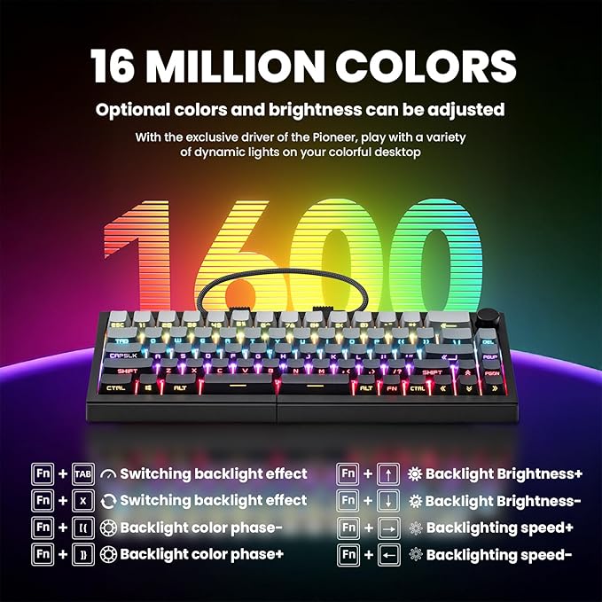 ZORNHER ST68 Ergonomic Split Keyboard,65% Wireless Gaming Keyboard with Knob,65% Black Hot-Swappable Mechanical Keyboards for Win/Mac,Clicky Switches,RGB Backlit