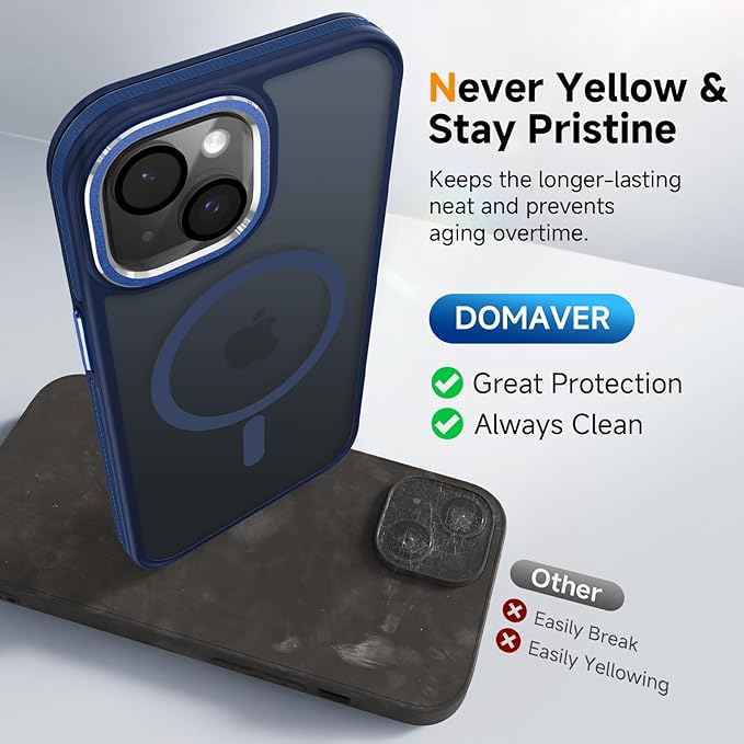 DOMAVER Magnetic 3 in 1 for iPhone 15 Case, [Omni-Directional Protection] with 1x Screen Protector + 1x Camera Cover, [Seamless Work with Magsafe] Protective Silm Case for iPhone 15 Blue