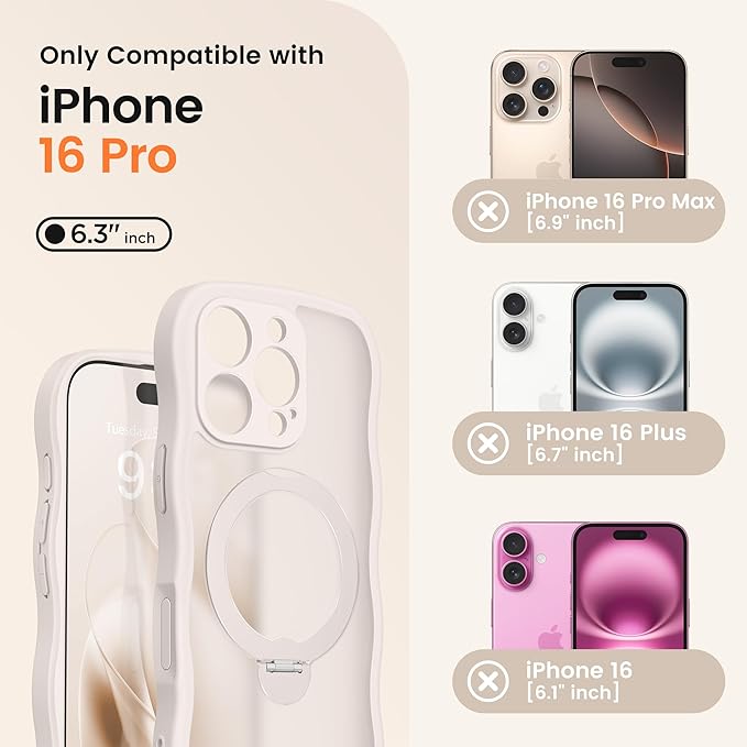 CAPRARO for iPhone 16 Pro Case with 360° Spin Magnetic Stand for Women, [Compatible with MagSafe] [Full Camera Protection] Cute Wave Translucent Matte Case for iPhone 16 Pro, Stone