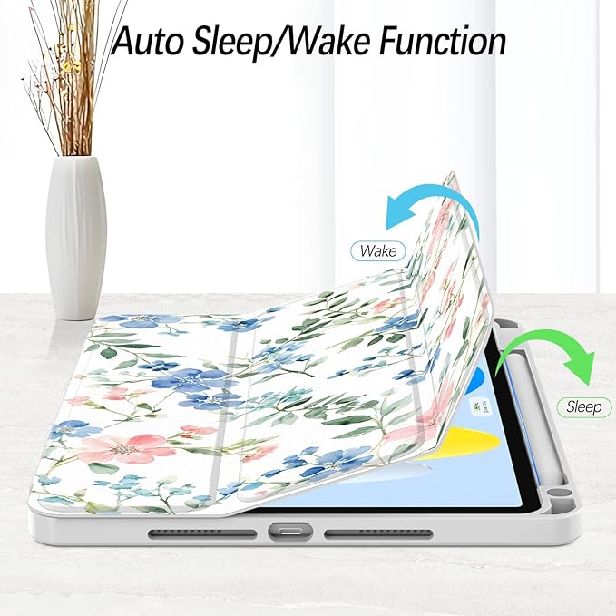 Case for iPad Pro 11 inch 4th/ 3rd/ 2nd / 1st Generation (2022/2021/2020/2018), Case with Pencil Holder, Clear Back Cover Cute Cool Design for Women Girls, Auto Sleep/Wake, Blue Pink Flower