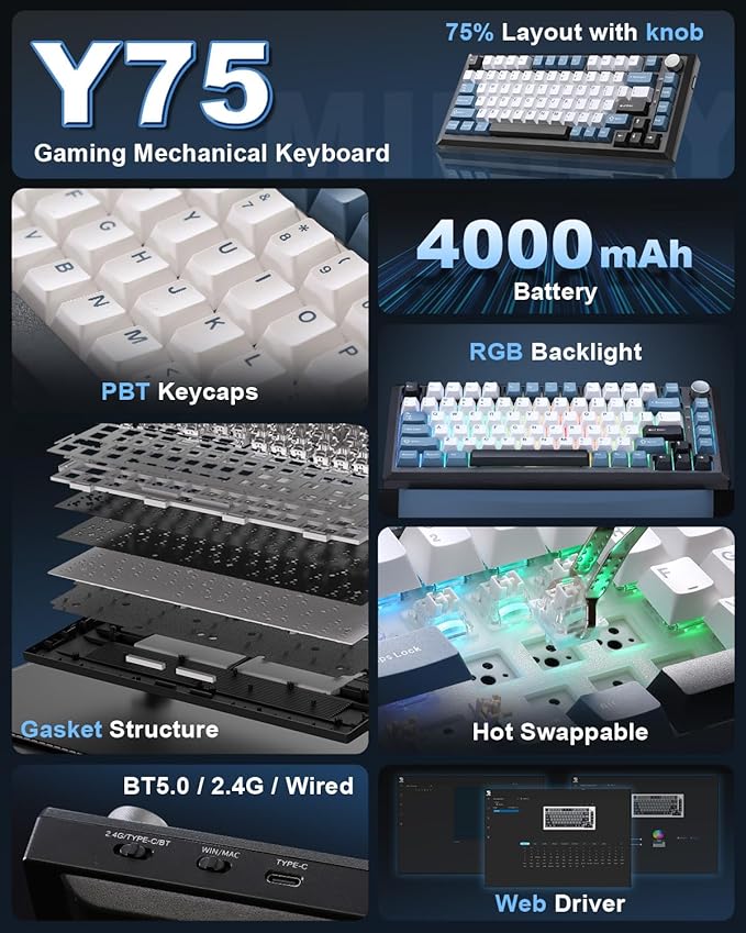 Y75 Gasket Wireless Mechanical Keyboard,75% Hot-Swappable with Knob, Tri-Mode,Creamy Pre-lubed Milk Linear Switches & Doubleshot PBT Keycaps, RGB, Win/Mac (Black & Blue)