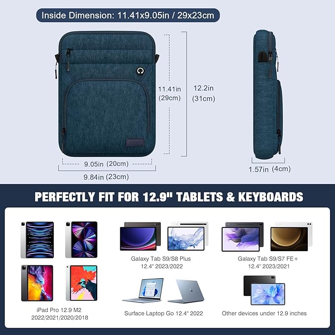 MoKo 13 Inch 360° Protective Tablet Sleeve Bag, Fits 13 Inch New iPad Pro M5 & Air M4 2026, iPad Pro 12.9", Galaxy Tab S9/S8 Plus 12.4", Multifunctional Bag with Shoulder and Headphone Port, Indigo