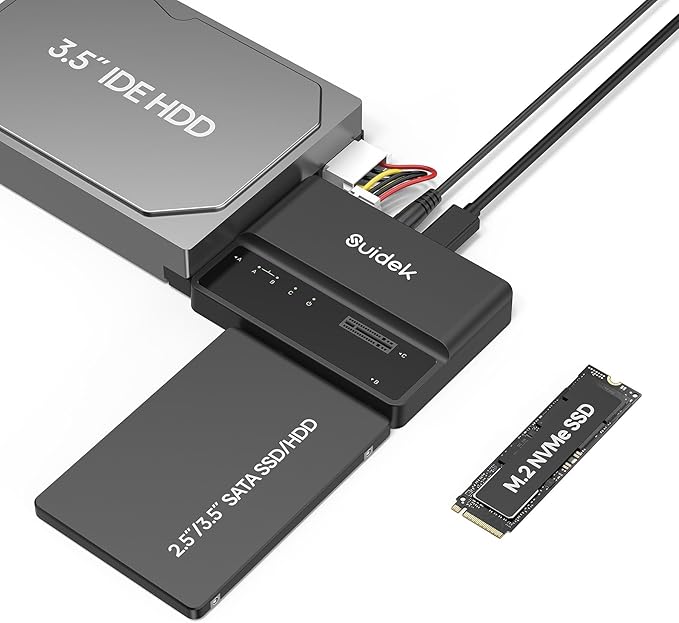 SUIDEK M.2 NVMe Adapter, USB 10 Gbps Hard Drive Reader Tool Free PCIe NVMe, SATA and IDE Adapter, M2 SSD Enclosure Supports (M Key&M+B Key) Any Sizes M.2 SSD, 2.5/3.5" SATA SSD HDD and 3.5" IDE HDD