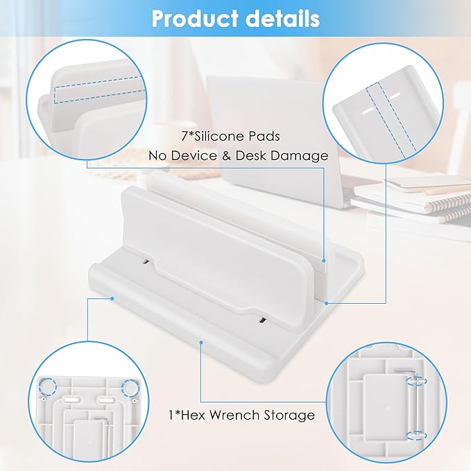 Vertical Laptop Stand [New Version: Two More Rubber Pads & Hex Key Storable Design] ABS Plastic Adjustable Dock up to 15 inch PC Desk Space Saver for MacBook/Surface/iPad/mini PC (White)