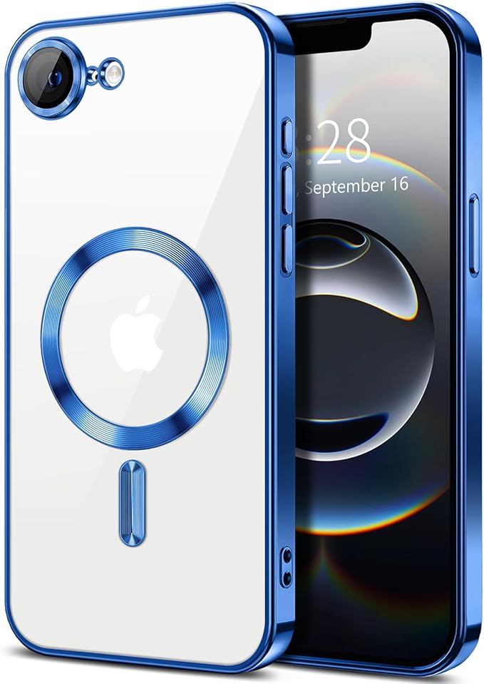 Hython Magnetic Clear for iPhone 16e Case with Camera Lens Protector [Compatible with MagSafe] Luxury Plating Edge Slim Soft TPU Cover Protective Phone Case for iPhone 16e 6.1", Deep Blue