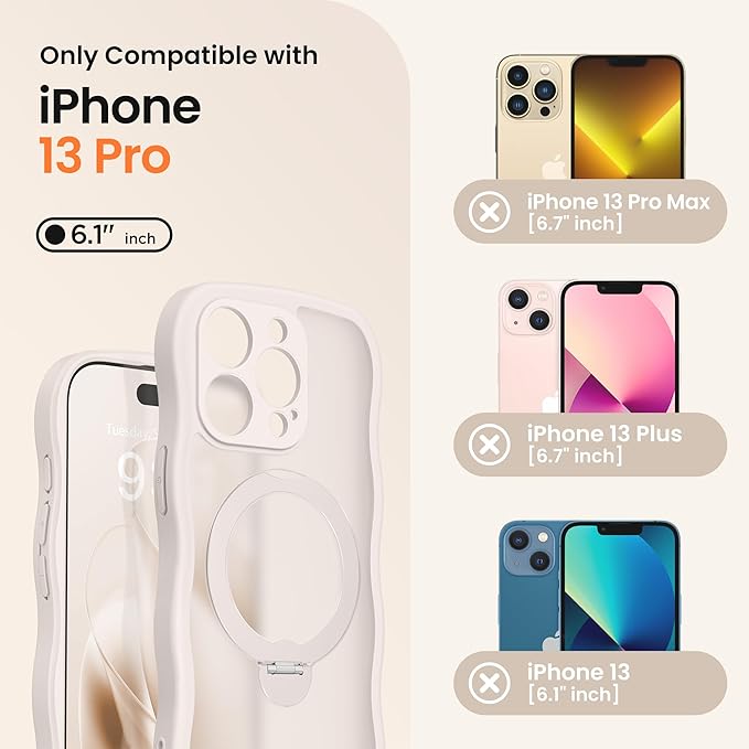 CAPRARO for iPhone 13 Pro Case with 360° Spin Magnetic Stand for Women, [Compatible with MagSafe] [Full Camera Protection] Cute Wave Translucent Matte Case for iPhone 13 Pro, Stone