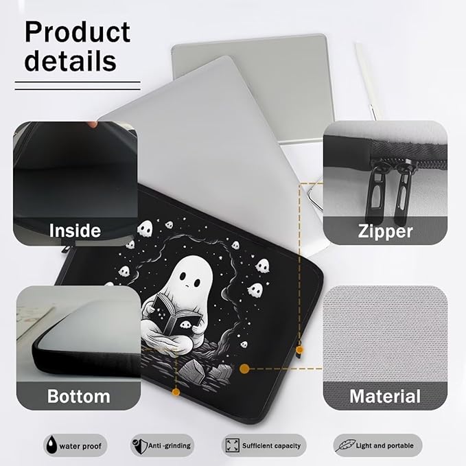 Cute Ghost Laptop Sleeve Case for Women Men 10 inch Laptop Protector with Multiple Uses Portable Computer Sleeve Kawaii Tablet Bag Laptop Carrying Case Gifts for Girls