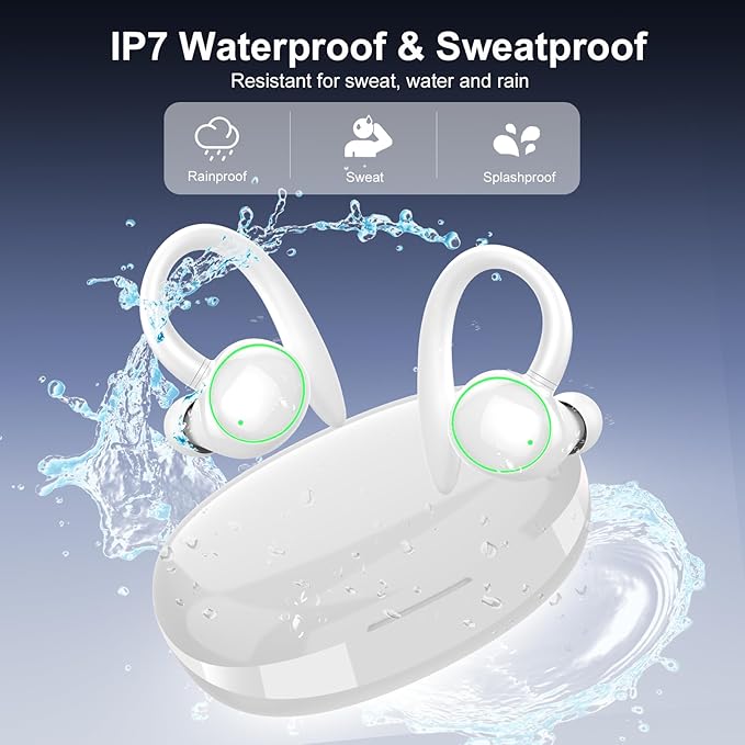 Wireless Earbuds, Bluetooth 5.4 Headphones Sport, Over Ear Buds With ENC Noise Cancelling Mic, 48H, Wireless Earphone With Earhooks, Stereo Deep Bass, IP7 Waterproof Headset for Workout, White