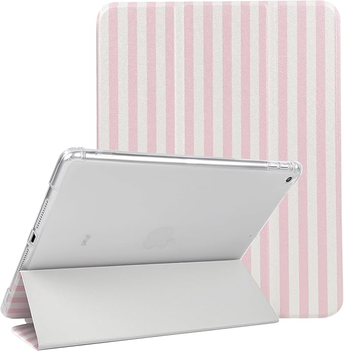 Lovmooful Compatible for iPad 5/6 (9.7-Inch,2018/2017 Model,6th/5th Generation) Case with Pencil Holder Cute Striped with Aesthetic Design Soft TPU Trifold Stand Protective-Pink&White