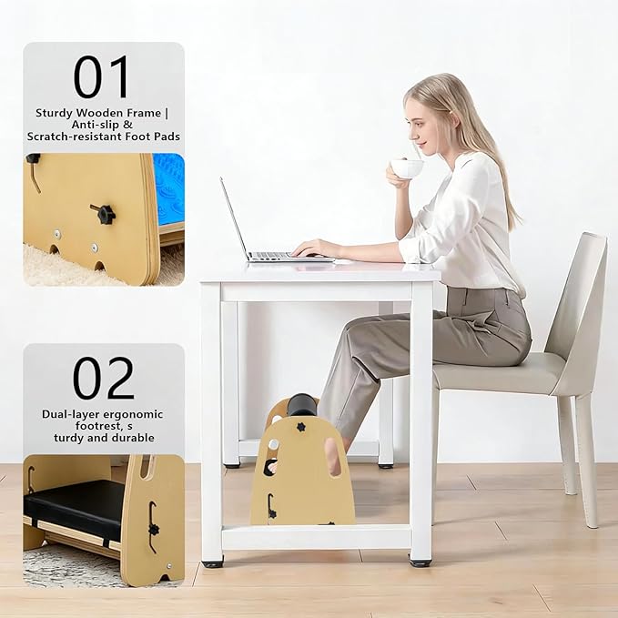 Double-Layer Wooden Foot Stool for Under Desk Foam Roller Top + Cushioned Bottom with Replaceable Massage Pad Ergonomic Design Suitable for Office, Home, Gaming All Seasons Use (Blue)