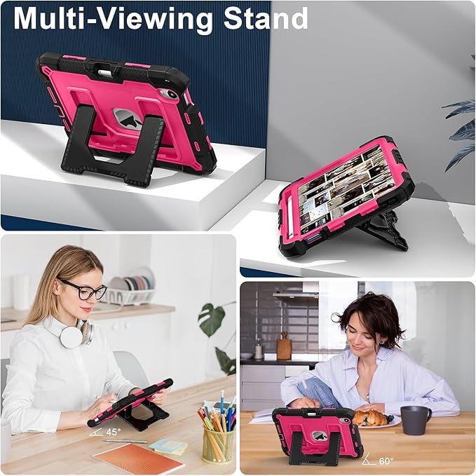 Kids Friendly Case for Apple iPad mini 7 A17 Pro 2024/iPad Mini 6 2021 8.3 Inch 7th/6th Gen Case with Pencil Holder & Shoulder Strap, Shockproof Kickstand Hard Shell Protective Cover,Black+Rose