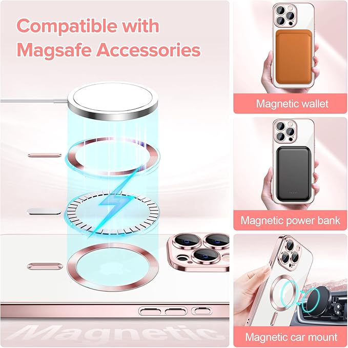 Hython Magnetic Clear for iPhone 15 Pro Max Case with Camera Lens Protector [Compatible with MagSafe] Plating Edge Slim Soft TPU Cover Protective Phone Case for iPhone 15 Pro Max 6.7", Pink