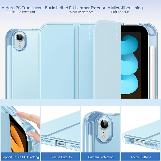 MoKo for iPad mini 7 A17 Pro Case 2024, iPad mini 6th Generation Case 8.3 Inch 2021 with Pencil Holder, Slim Light Trifold Smart Protective Cover with Hard PC Translucent Back Shell, Sky Blue