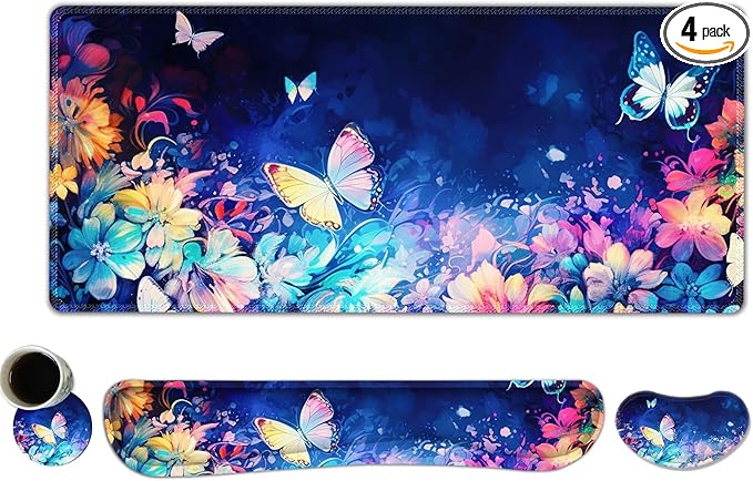 DINKY Keyboard Mouse Pad Set, Large Gaming Mousepad + Memory Foam Ergonomic Keyboard Wrist Rest Support, Easy Typing Pain Relief, 4Pcs (35.4" x 15.7") Extended Desk Mat-Butterflies