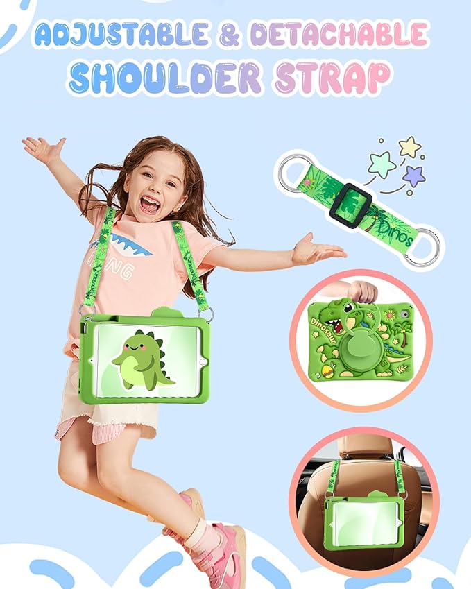 Boaretiu for iPad 6th/5th Gen Case, for iPad Air 2nd/Air 1st/Pro 9.7 inch 2016 Case - Cute Cartoon Silicone Cover with Adjustable Shoulder Strap & Rotating Stand for Kids Boys Girls, Green Dinosaur