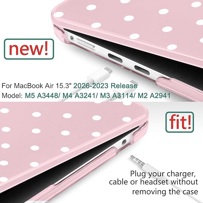 DONGKE Compatible with M5 MacBook Air 15 inch Case 2026 2025-2023 A3448 A3241 A3114 A2941 M4 M3 M2 Liquid Retina Display Touch ID, Protective Hard Shell Cover & Keyboard Skin - White Polka Dots