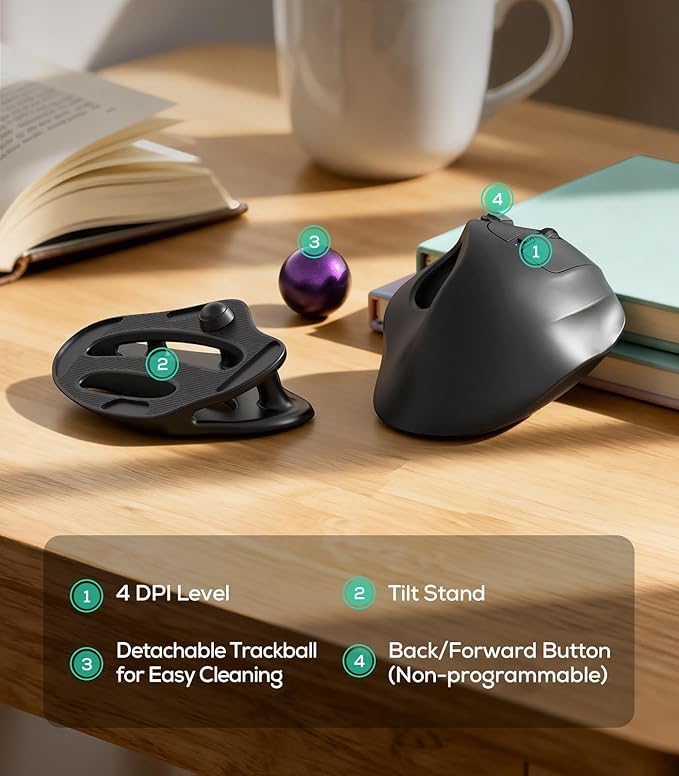 Nulea M511 Wireless Trackball Mouse, Rechargeable Ergonomic Thumb-Control Mouse with Tilt Stand, Smooth & Precision Tracking, 3 Device Connection (Bluetooth or USB Receiver), for PC/Mac/Laptop-Purple