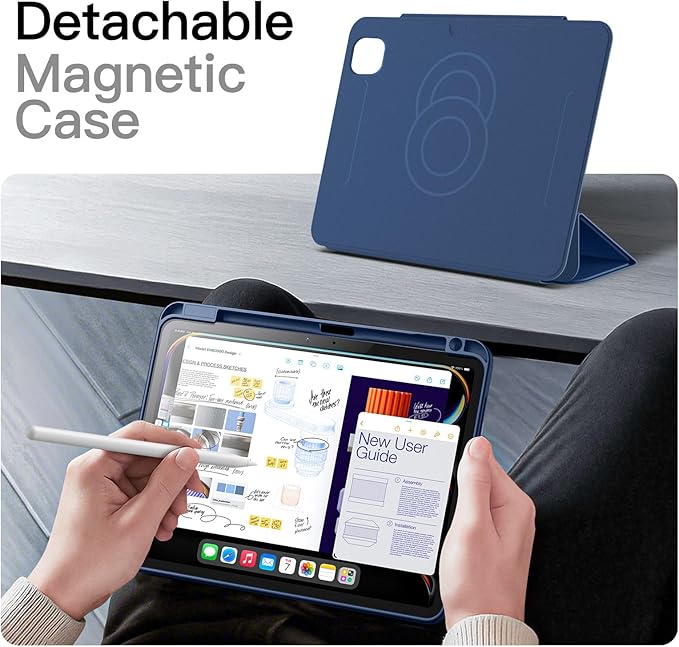 JETech Magnetic Detachable Case for iPad Pro 11-Inch M5/M4 (2025/2024) with Pencil Holder, Removable Rotating Clear Cover, Portrait/Landscape Stand with Raised Screen View (Navy)