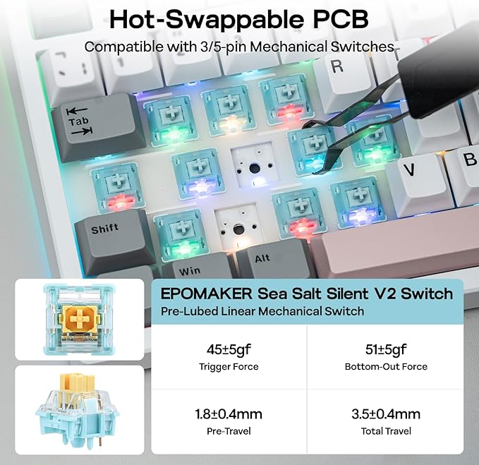 EPOMAKER TH87 Wireless Mechanical Keyboard with 10000mAh Battery, BT/2.4GHz/Wired, Hot Swappable Custom, PBT Keycap, RGB Backlit, Gasket, TKL Gaming Keyboard for PC/Mac (Sea Salt Silent)