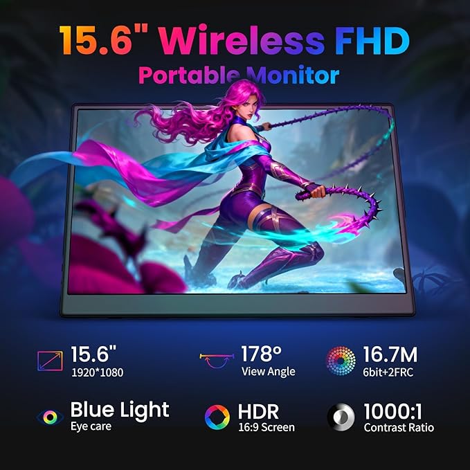 Wireless Portable Monitor, 15.6" 1080p FHD 60Hz Wireless Monitor for Laptop with Auto Rotation, Second Travel Portable Screen for PS4/5/Switch/MAC/Phone