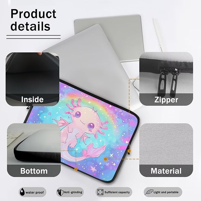 Cute Axolotl Laptop Sleeve for Teen Girls - 10 inch Rainbow Laptop Accessory with Versatile Uses - Ideal Gifts for Holidays - Galaxy Purple