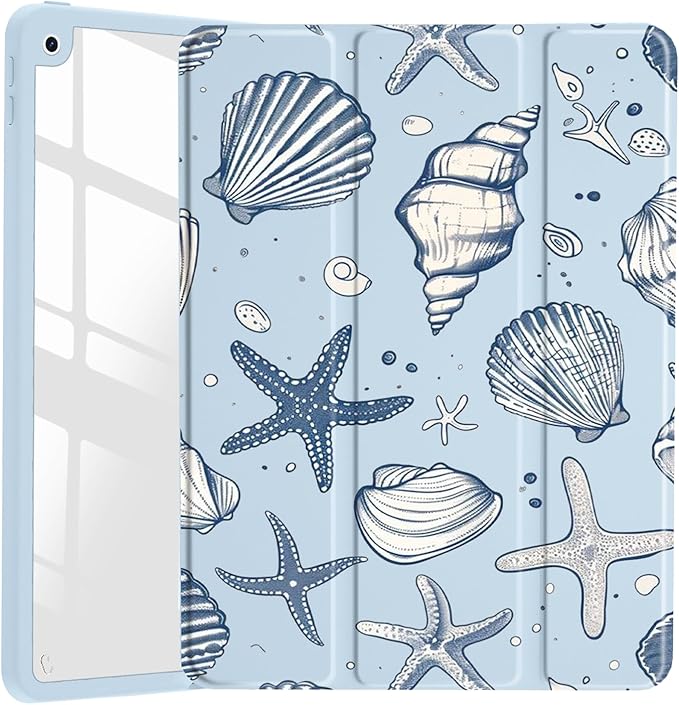 JOYLAND Sea Shells Case for iPad 7th/8th/9th Generation, Clear Transparent Acrylic Hard Back Ice Blue Case with Pencil Holder Trifold Stand Tablet Cover for iPad 10.2" 2019/2020/2021