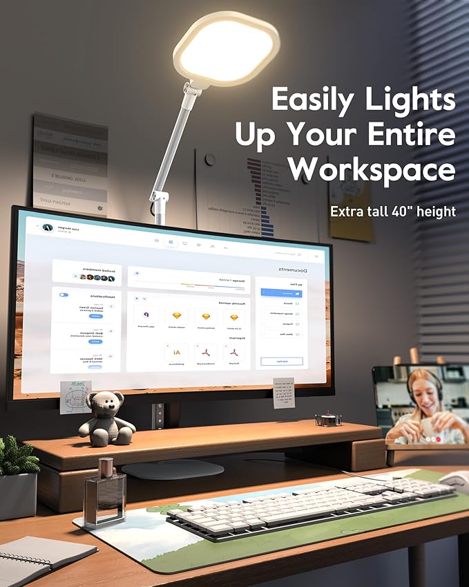 Led Desk Lamps for Home Office with Base, Tall Desk Lamp with 50 Light Modes & Memory and Timer Func Computer Light, Flexible Adjustable Table Lamps for Video Conference, Architect (White 1 Pack)
